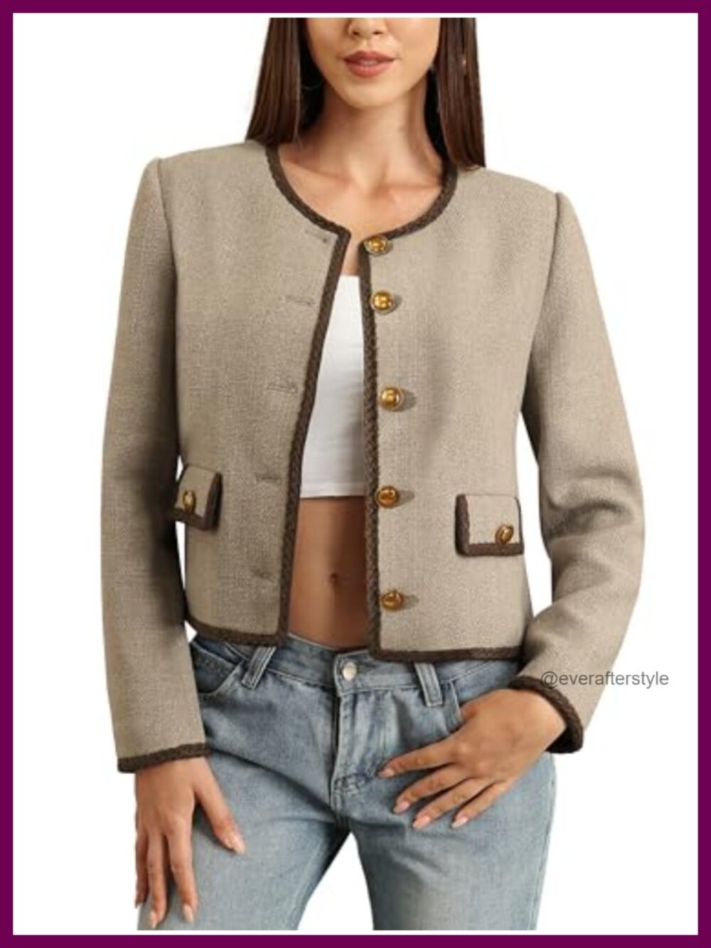 Womens Cropped Tweed Jacket Collarless Pockets Vintage Button Business Casual